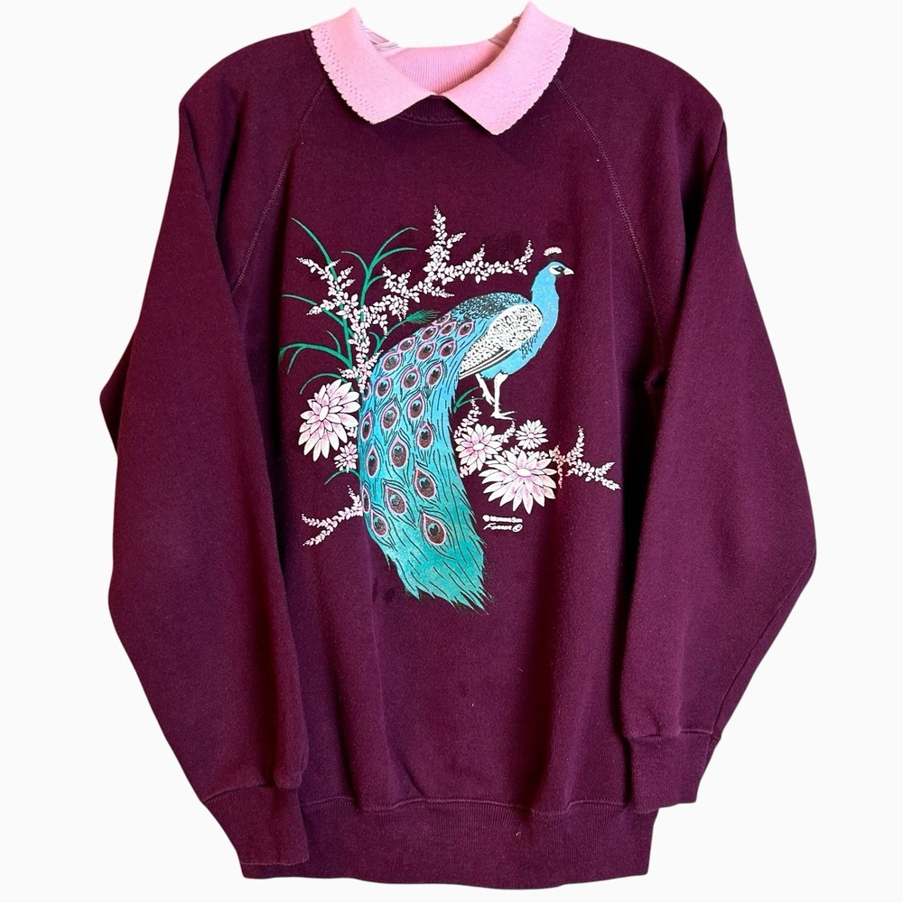 Vintage 90s Morning Sun Vibrant Turquoise Peacock Sweatshirt Size M Pink Collar